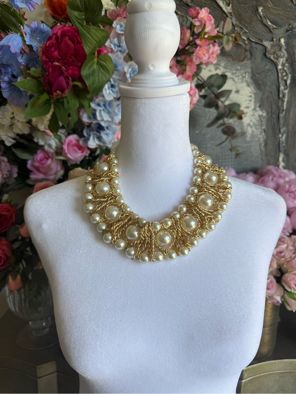 Gold Pearl Statement Necklace & Matching Bracelet - Women Jewelry